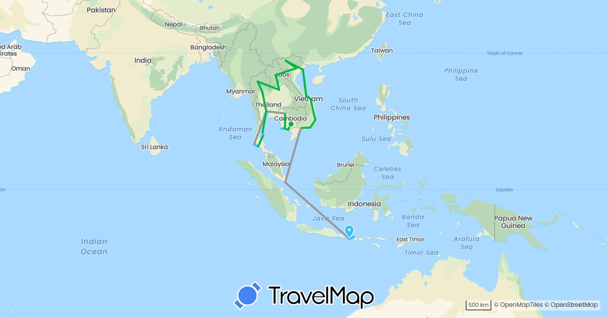 TravelMap itinerary: driving, bus, plane, boat in Indonesia, Cambodia, Laos, Singapore, Thailand, Vietnam (Asia)