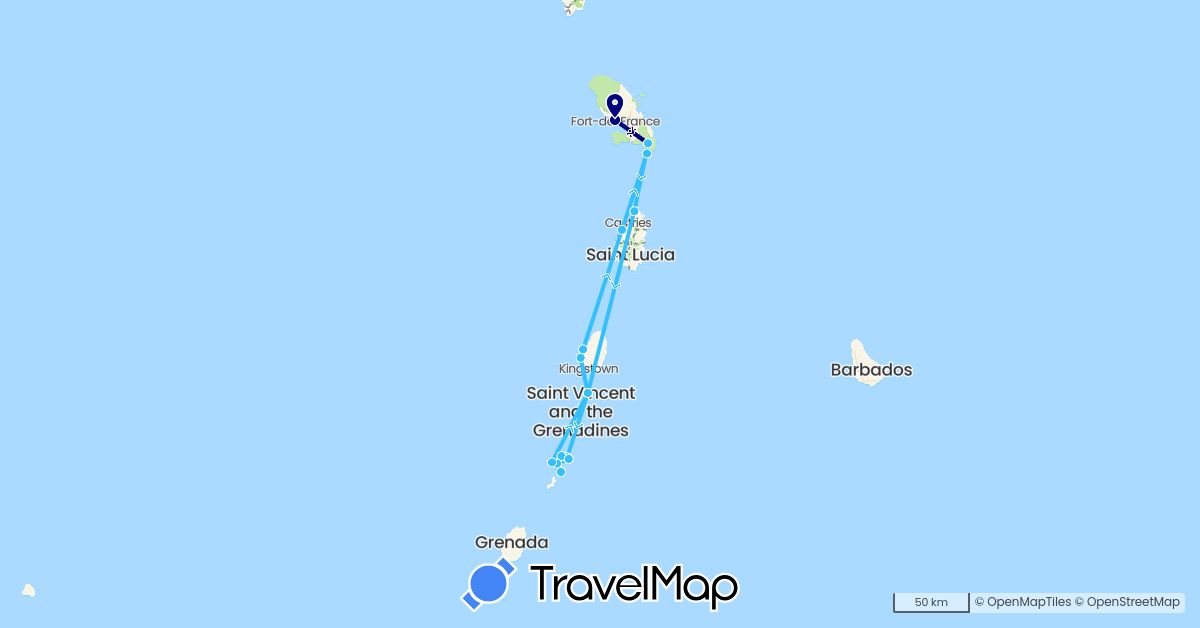 TravelMap itinerary: driving, boat in France, Saint Lucia, Saint Vincent and the Grenadines (Europe, North America)