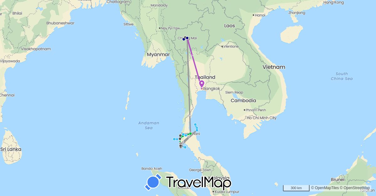 TravelMap itinerary: driving, bus, plane, train, boat, motorbike in Thailand (Asia)